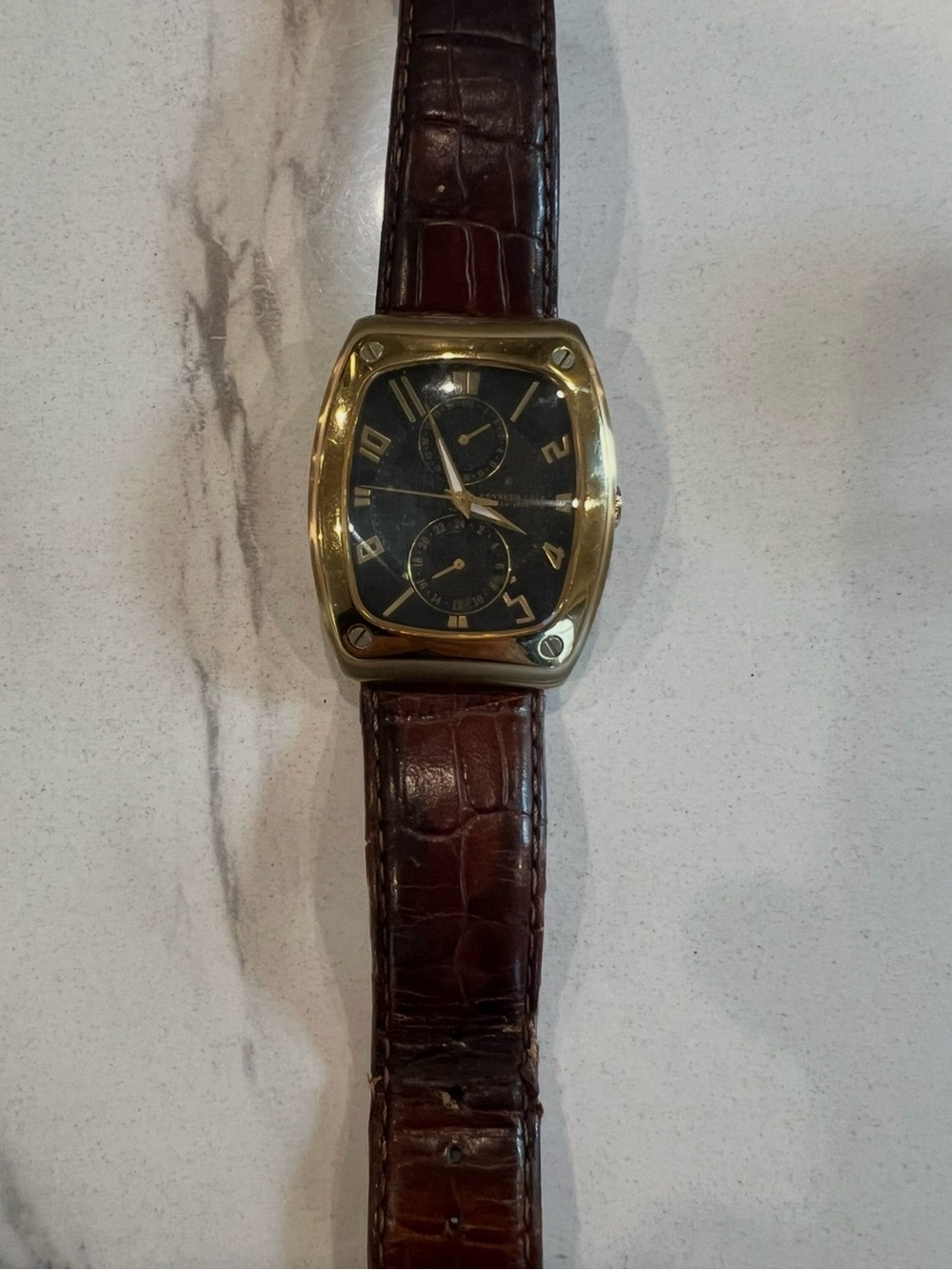 Kenneth Cole Barrel watch pre-owned gold accent brown leather strap